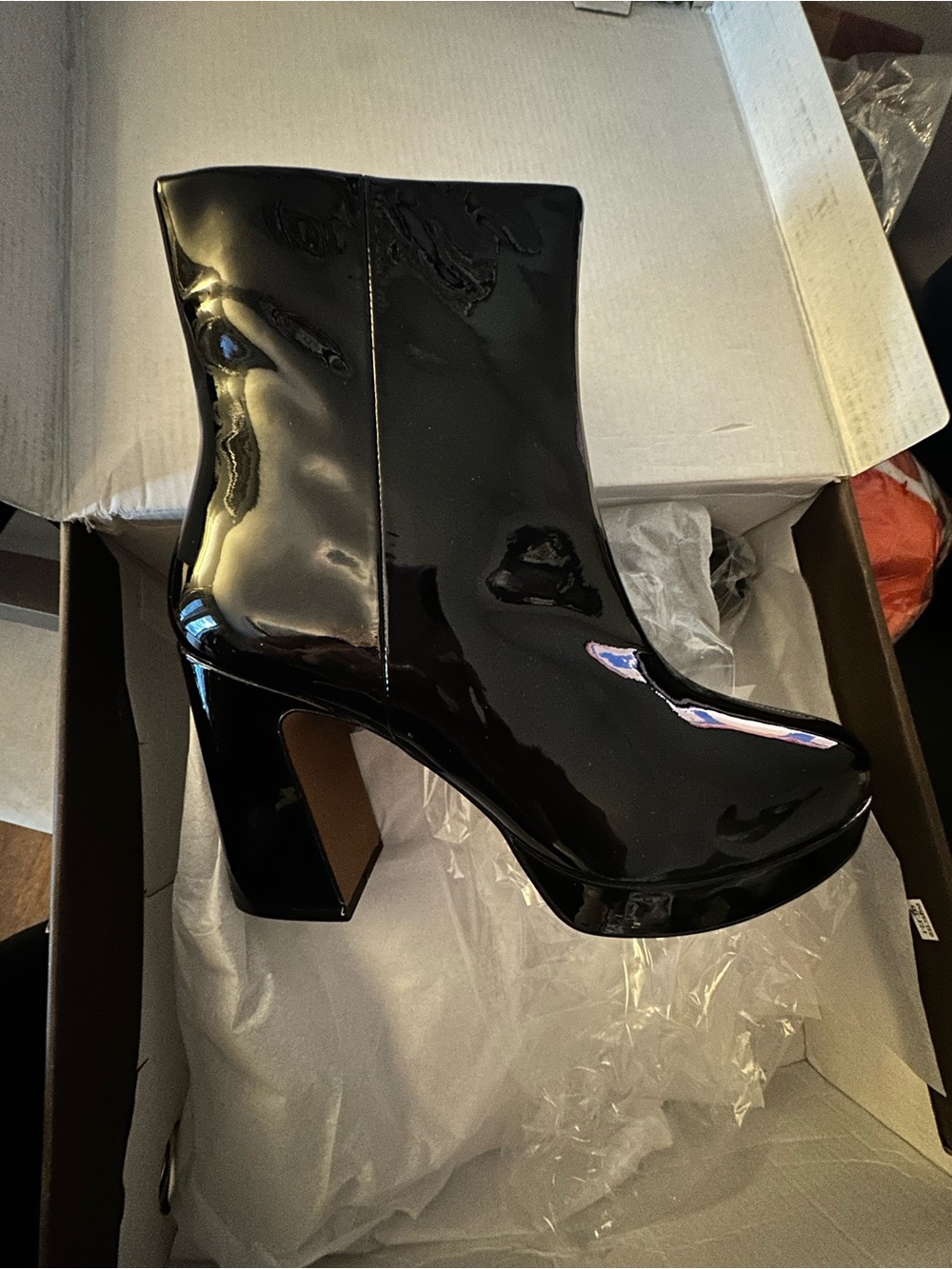 Paolo Winslow-L Black Patent Boots Chunky Heel - NIB